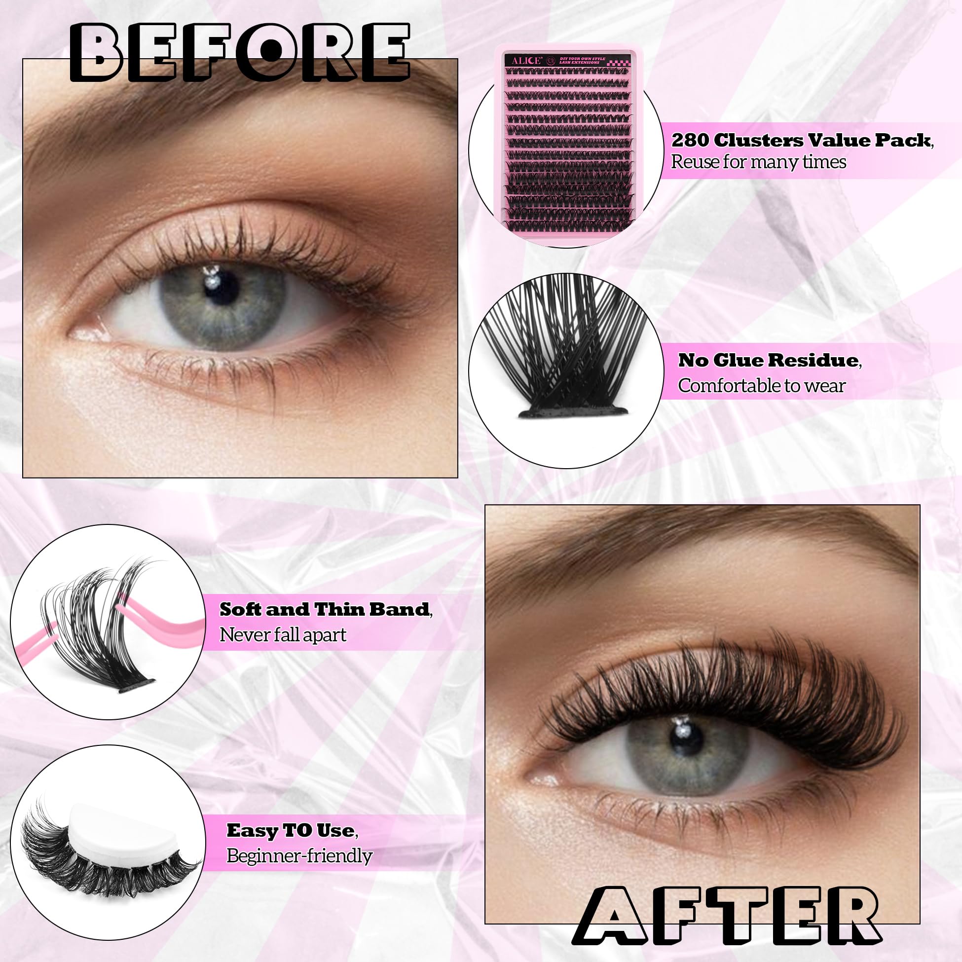 ALICE DIY Eyelash Extension Kit lengths 10-16mm shows versatile options for custom lash styles.