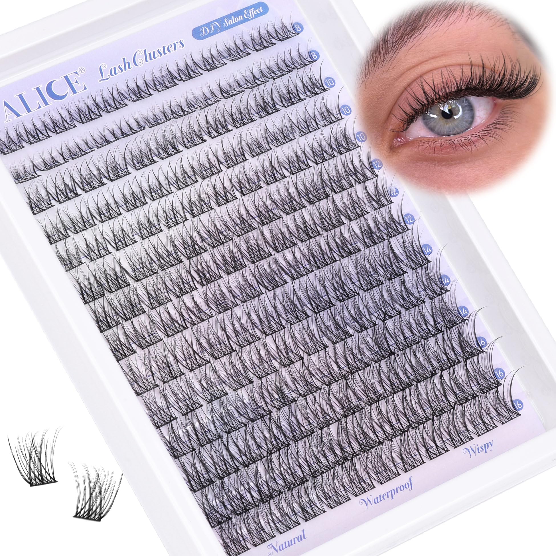 ALICE front packaging showing 168-piece eyelash clusters, clear display for easy selection