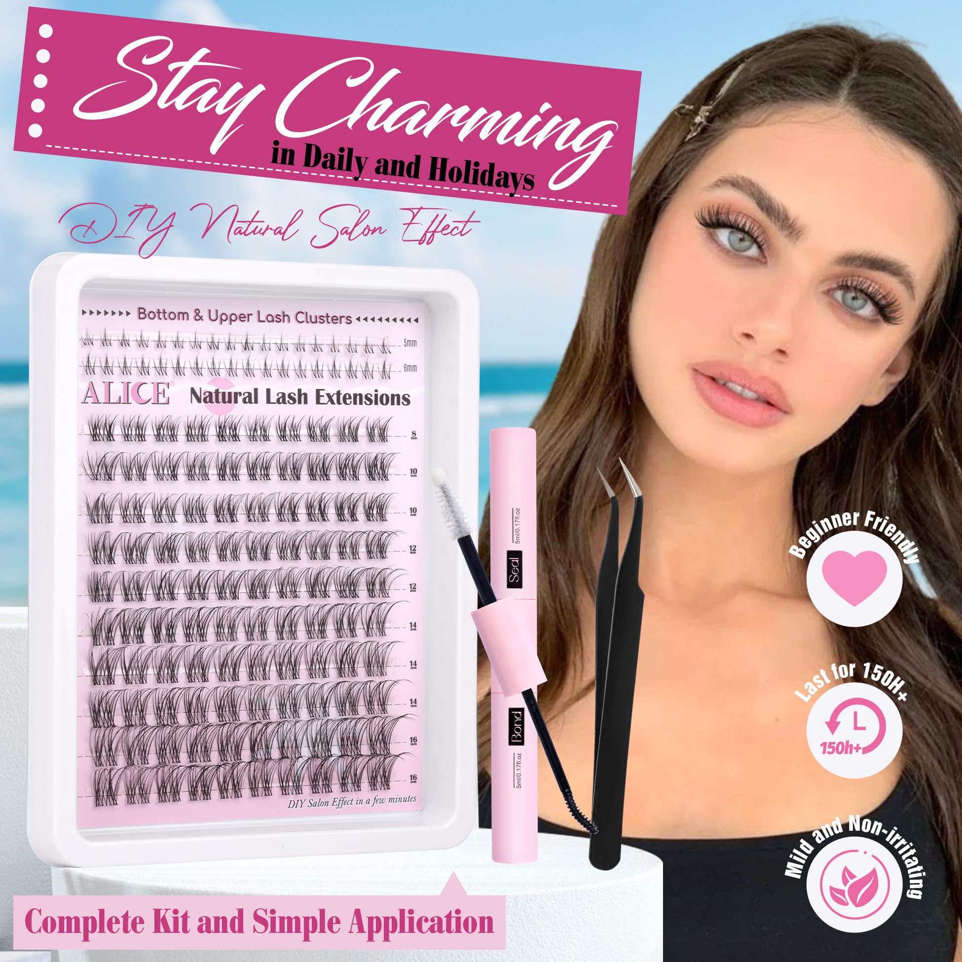 ALICE lash clusters kit wispy clusters closeup highlights lightweight, comfortable wear.
