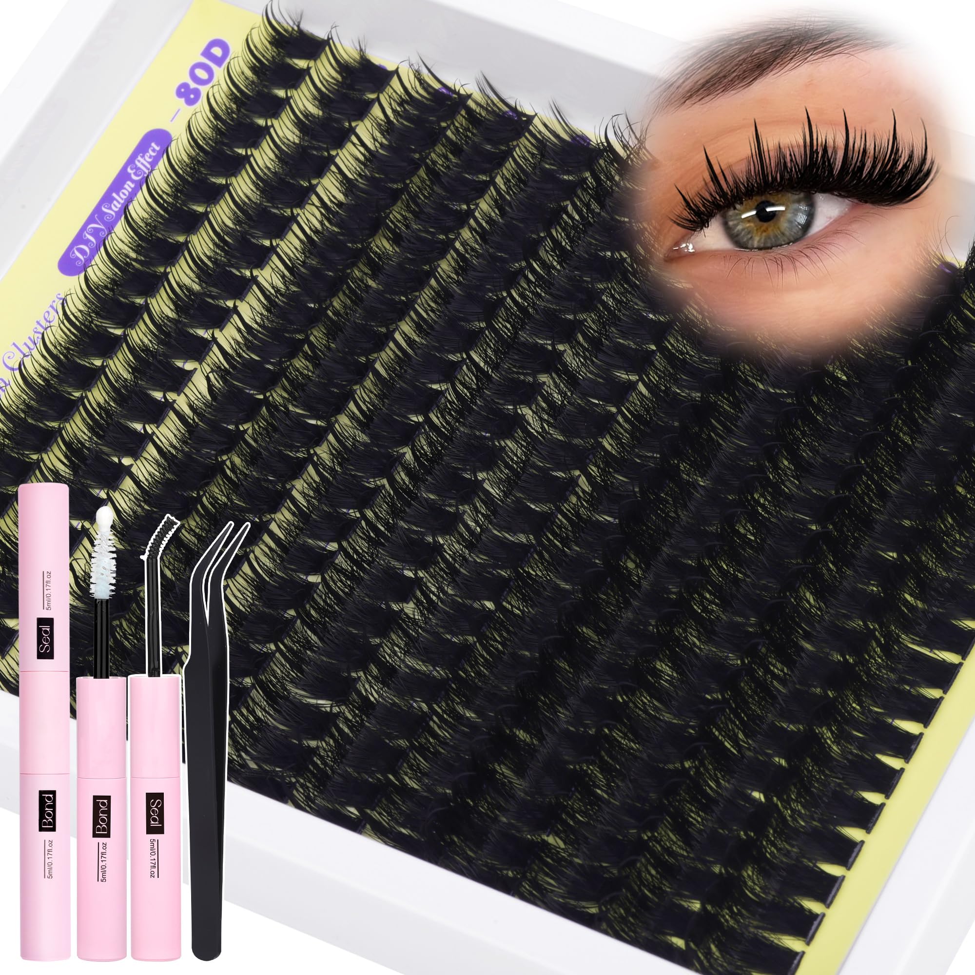 ALICE Thick Lash Clusters Kit 80D D-curl effect lifts eyes for wide-awake look.