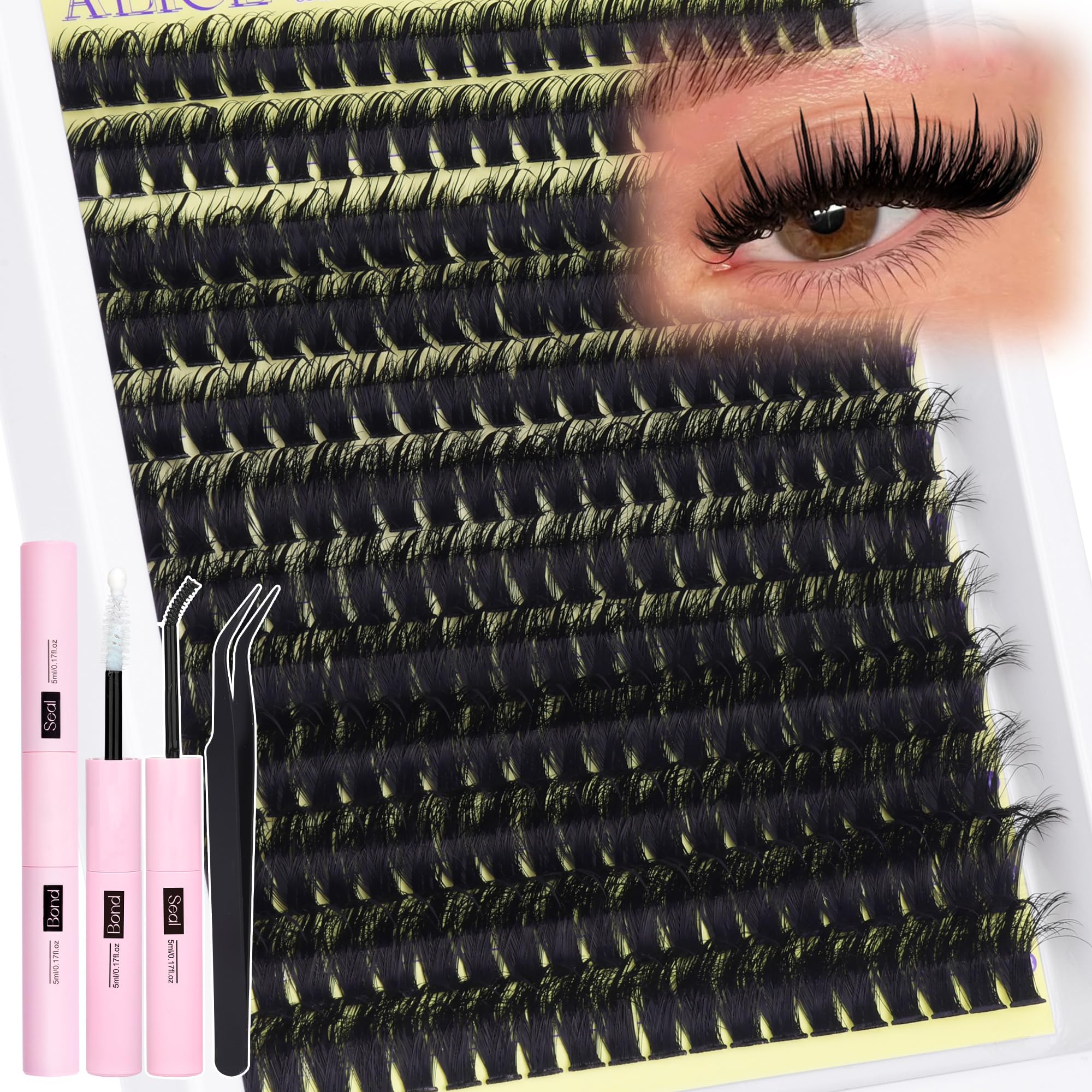 ALICE Thick Lash Clusters Kit open box showing lashes and glue for DIY beauty.