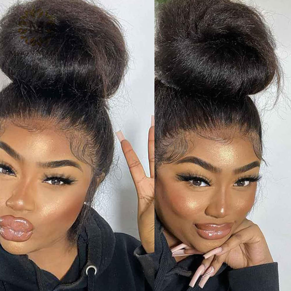 Alidiamond kinky straight wig 360 lace-front close-up highlights natural shine and Remy hair quality.