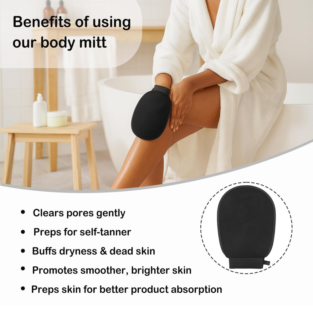 Alifecxwwy Deep Exfoliating Glove paired with body scrub for thorough cleansing