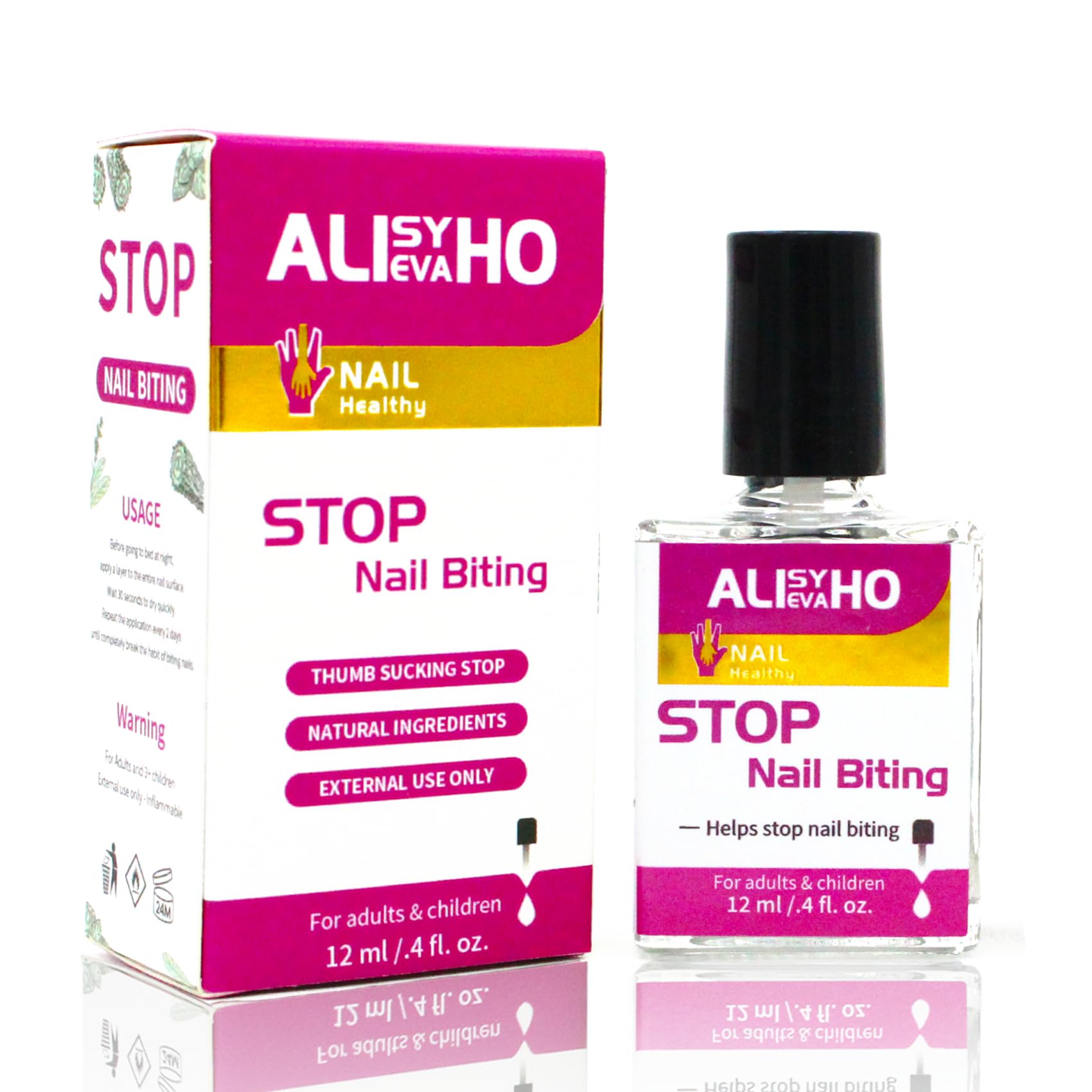 Alisyevaho nail biting treatment bottle close-up showing plant-based formula helps curb habits
