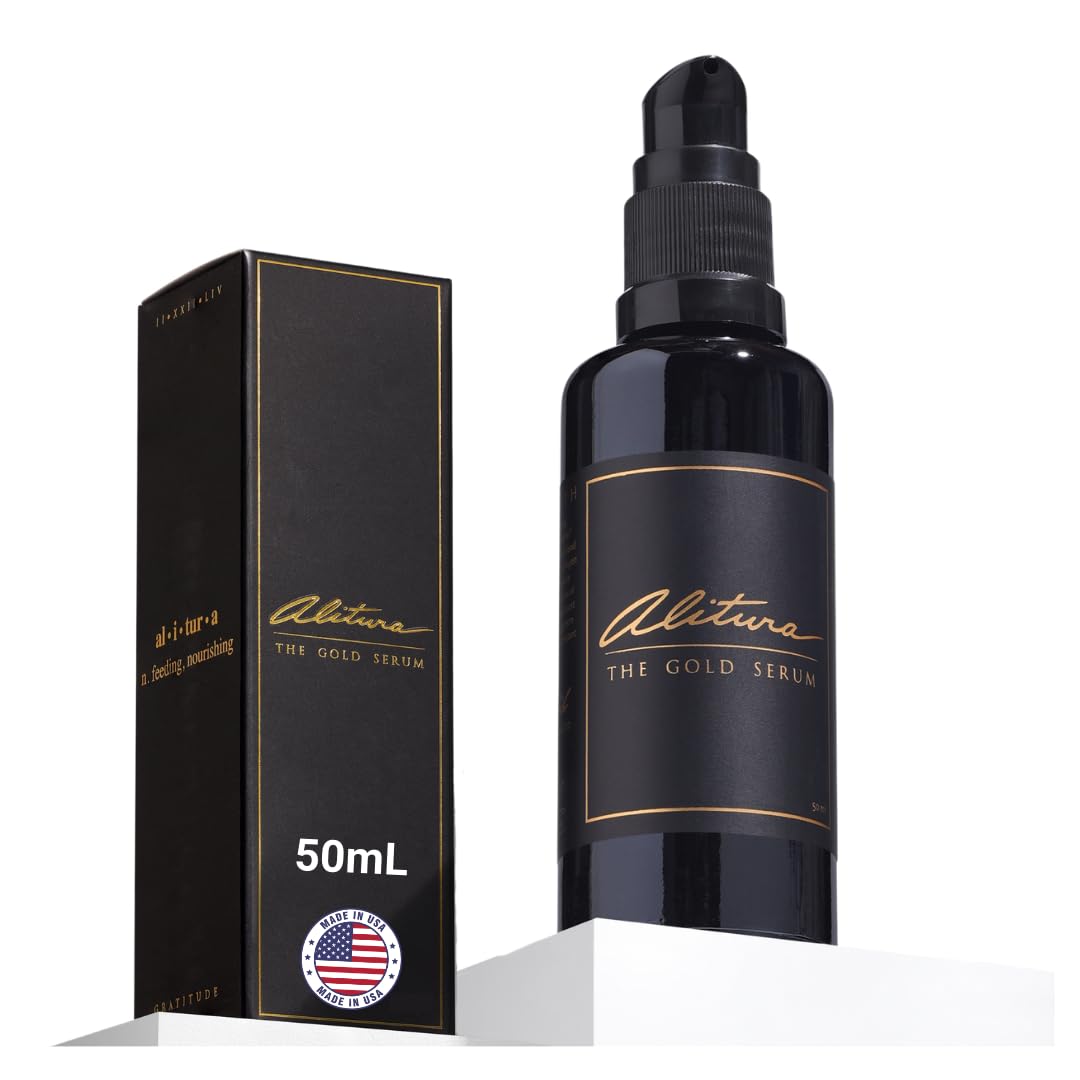 Alitura Gold Serum bottle close-up highlights hydrating glow