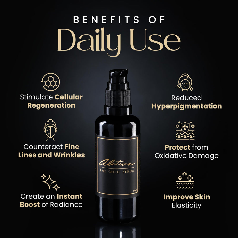 Alitura Gold Serum ingredients illustration featuring GHK-Cu and CoQ10