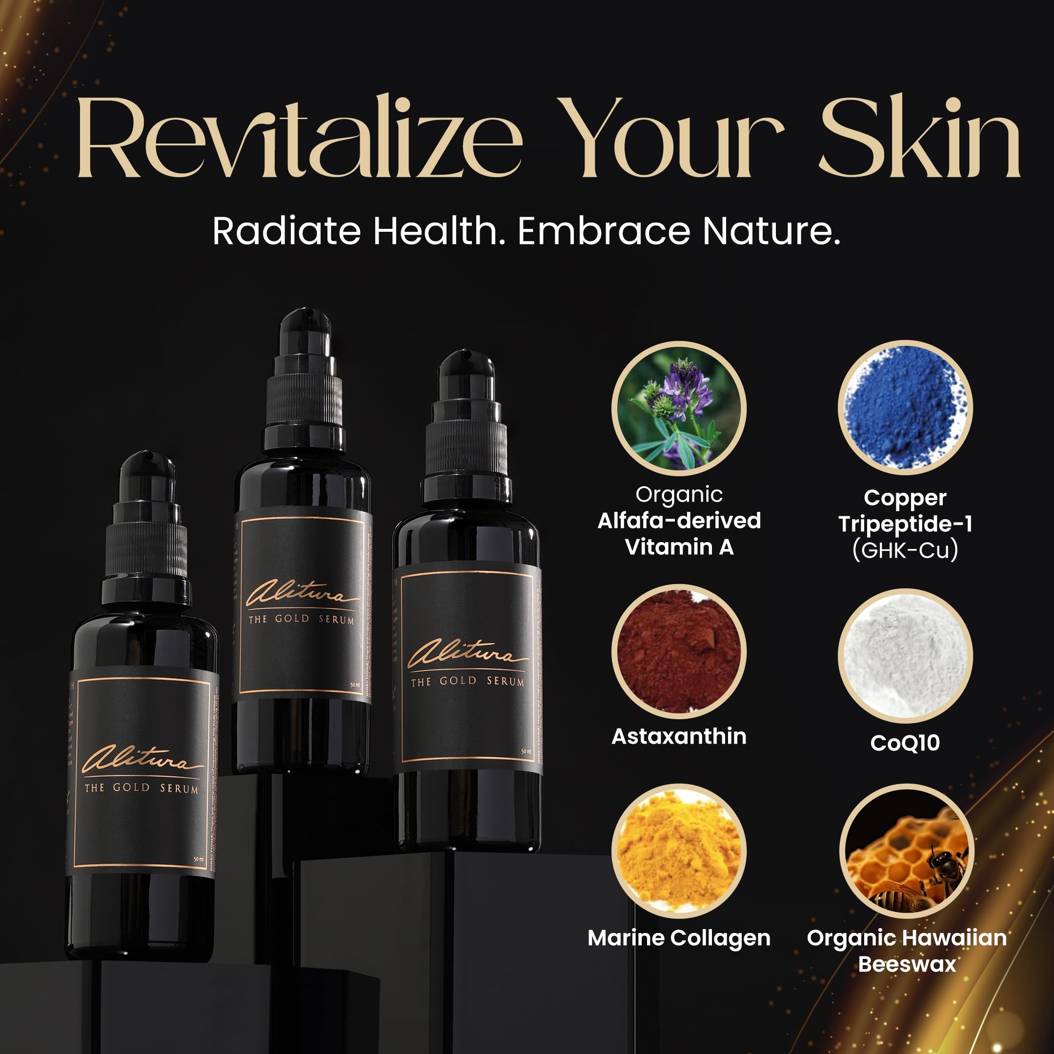 Alitura Gold Serum on skin showing luminous glow