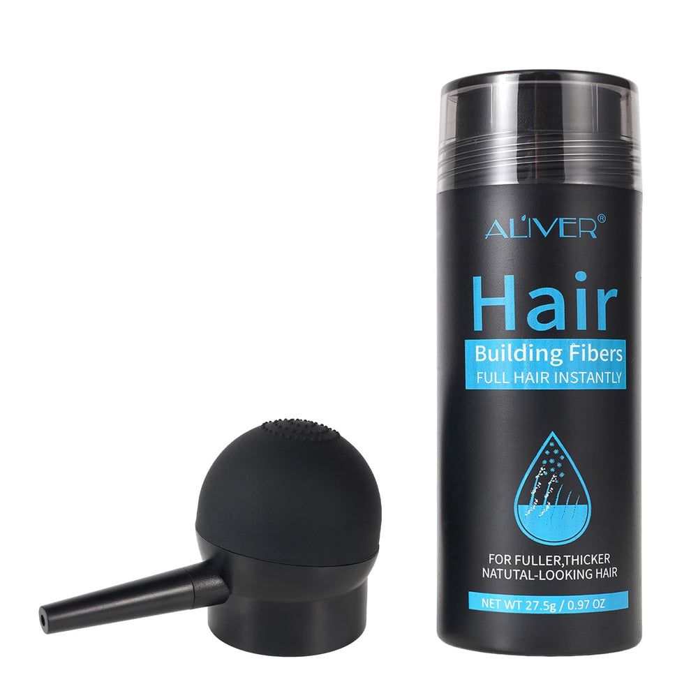 ALIVER Hair Fibers bottle demonstrates quick thickening for thinning hair.