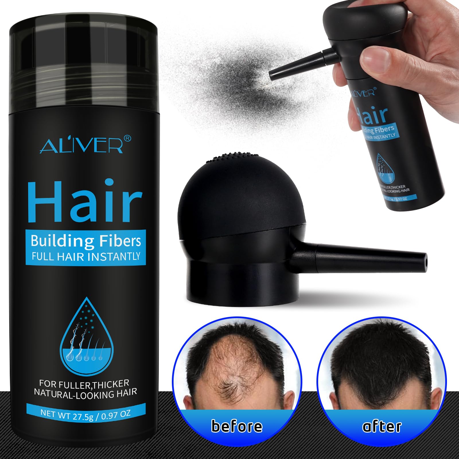 ALIVER Hair Fibers cap sifter shows controlled fiber release for precision.
