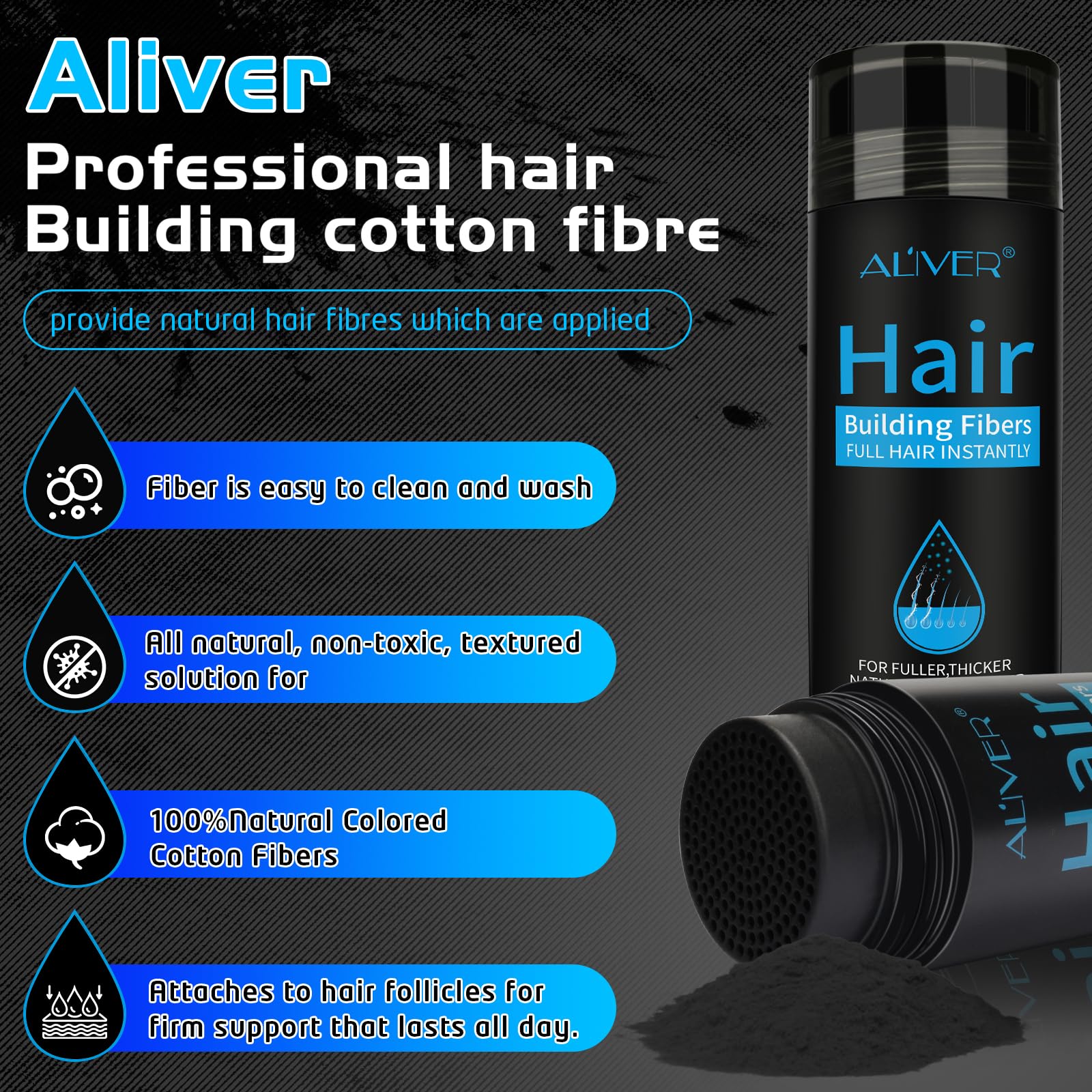 ALIVER Hair Fibers color-matched formula blends with existing hair.