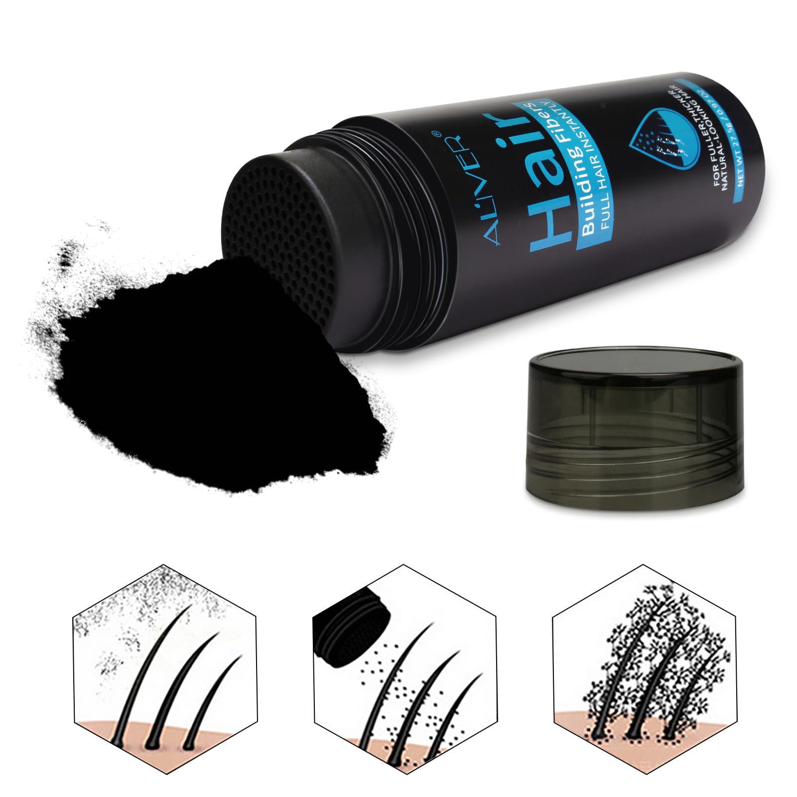 ALIVER Hair Fibers applied on dry hair for quick transformation.