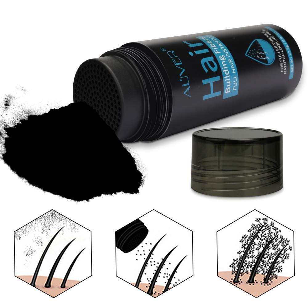 ALIVER uses plant-based keratin fibers to color-match and build fullness