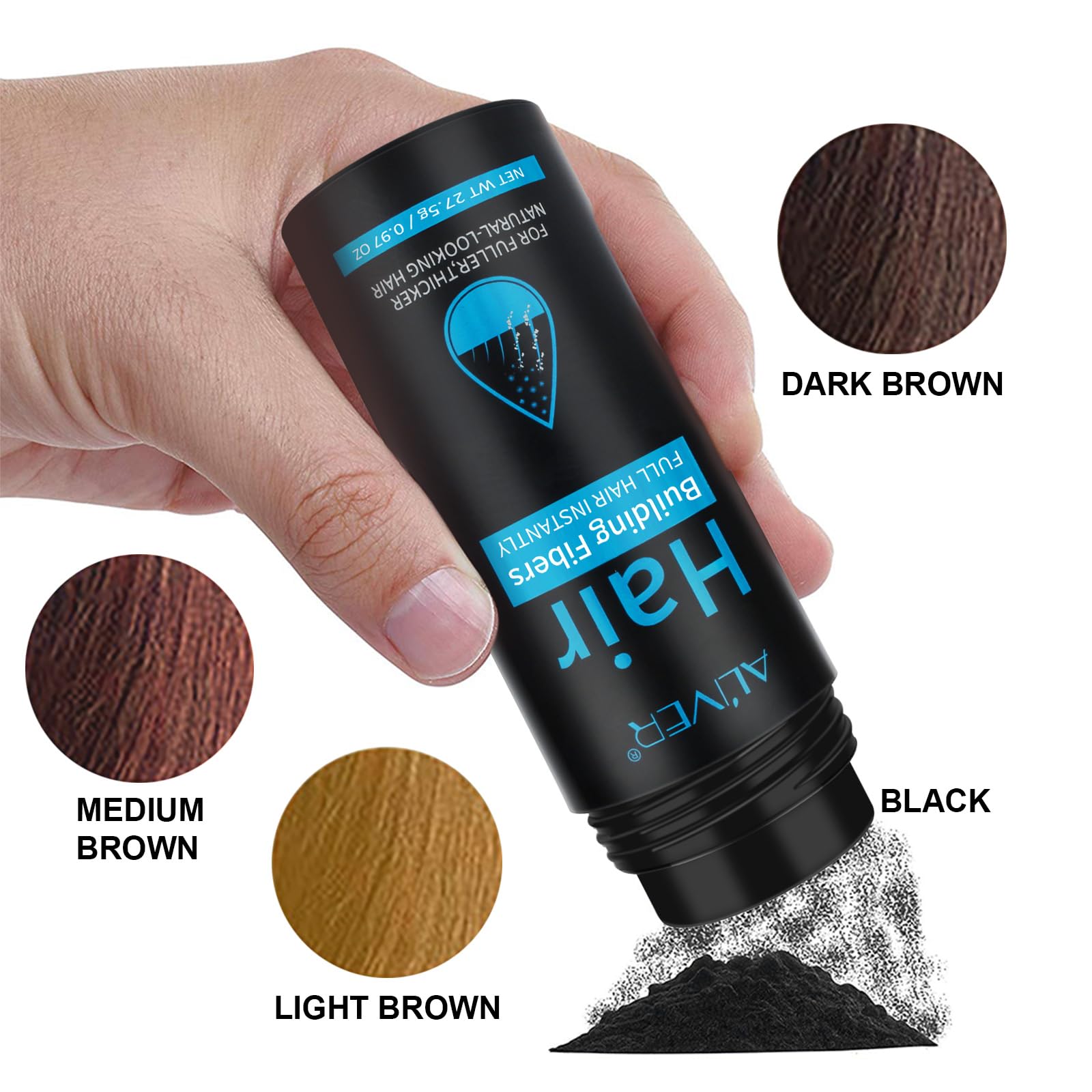 ALIVER Hair Fibers resist rain and sweat for lasting coverage.