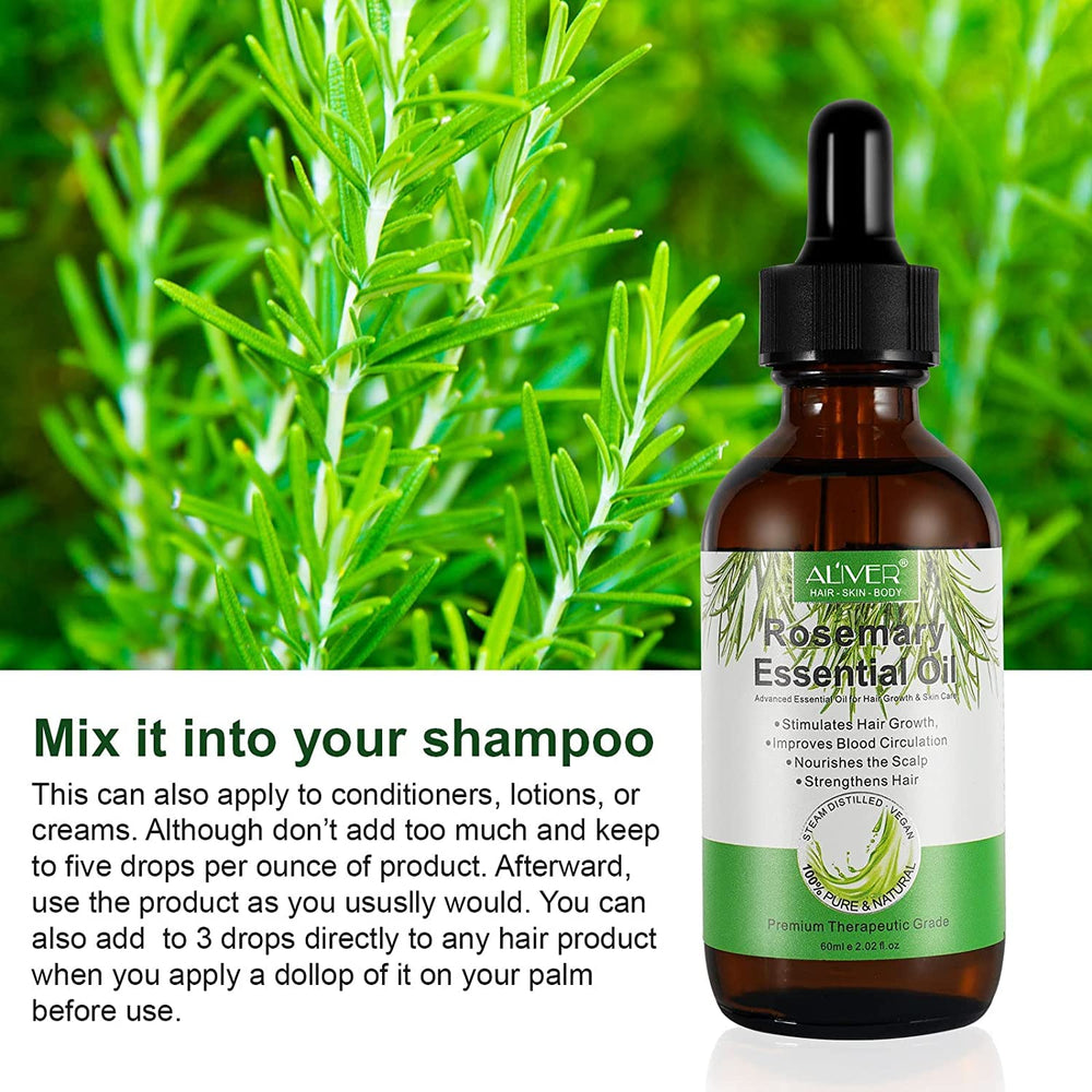 ALIVER Rosemary Oil used on dry hair to nourish and strengthen strands.