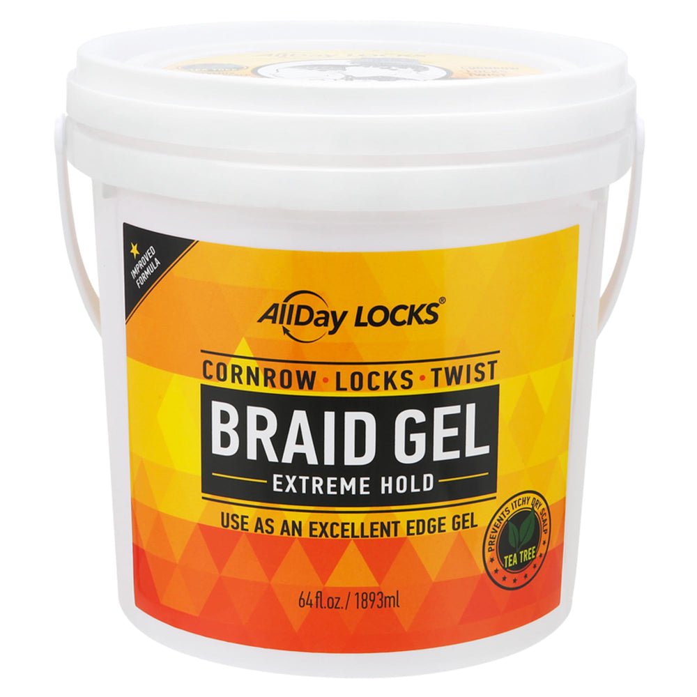 AllDay Locks Braid Gel bucket 64oz label shows extreme hold for braids