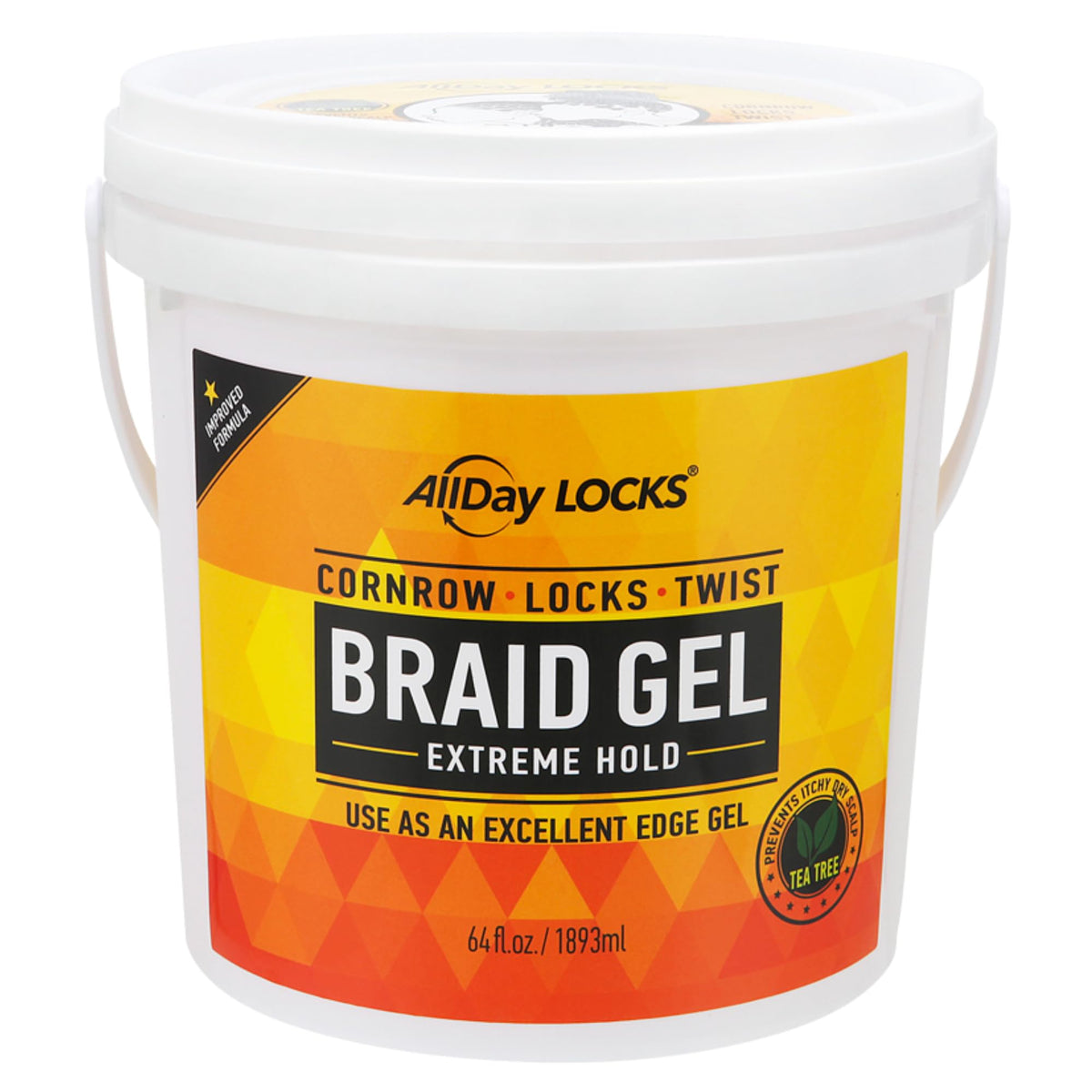 AllDay Locks Braid Gel bucket 64oz label shows extreme hold for braids