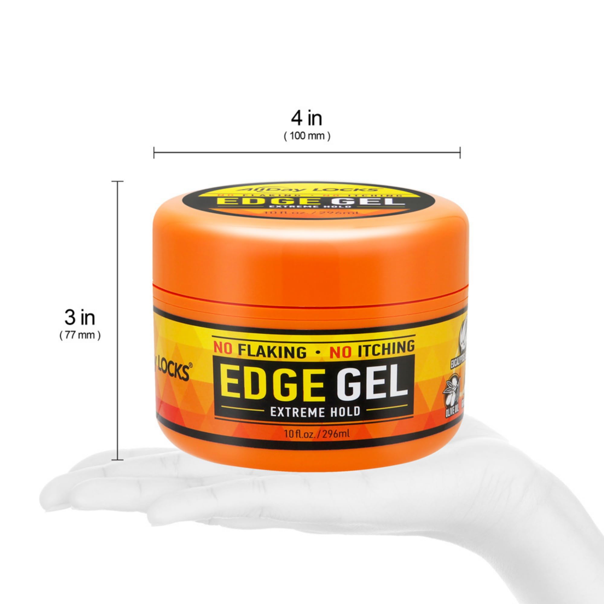 AllDay Locks Edge Gel bottle label detail emphasizes size and no-residue claim.
