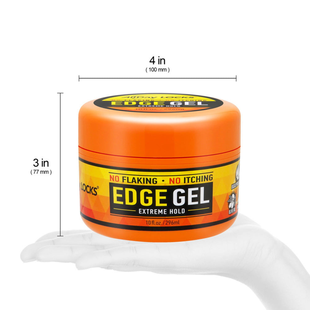 AllDay Locks Edge Gel bottle label detail emphasizes size and no-residue claim.