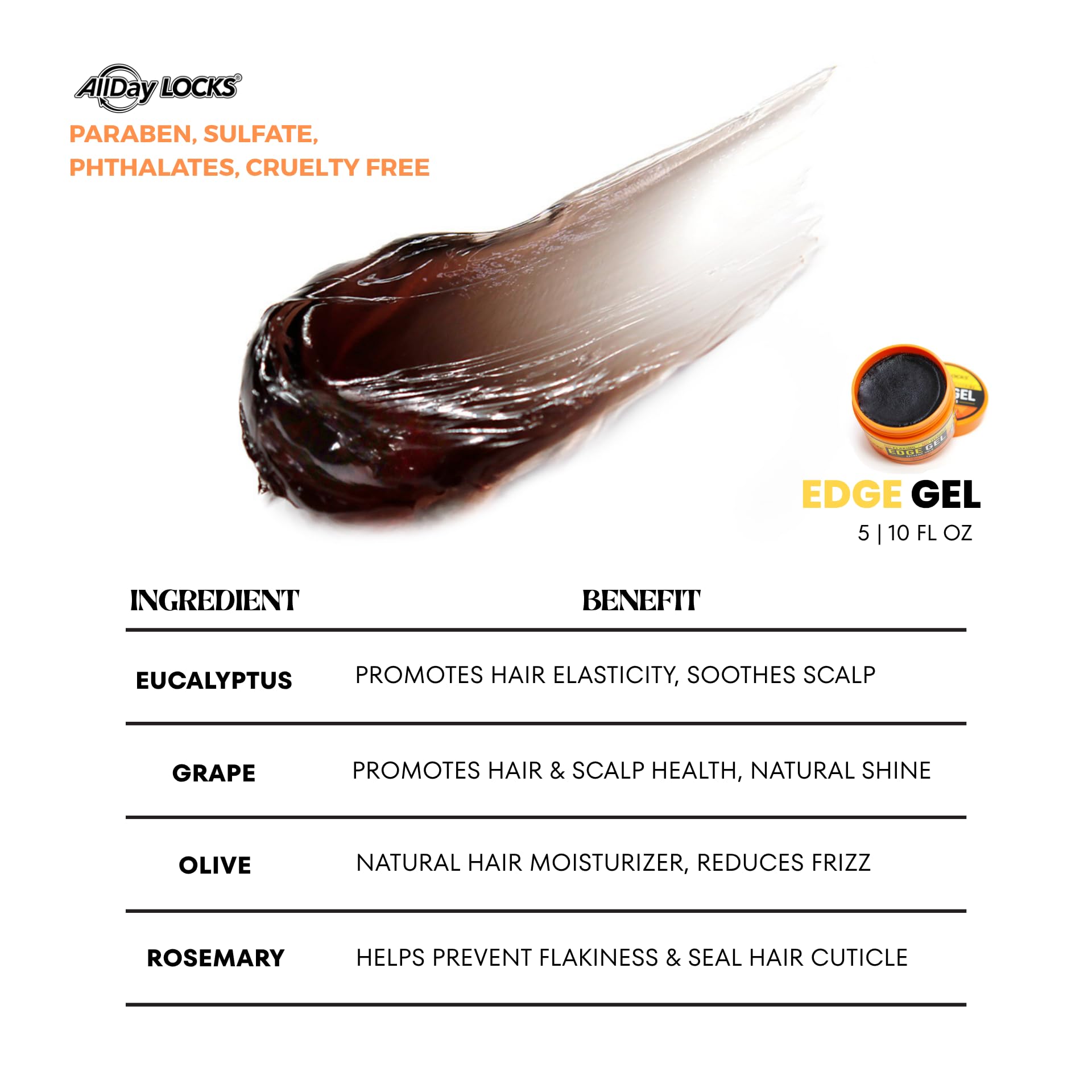 AllDay Locks Edge Gel user-apply-scene shows brush smoothing edges for defined baby hairs.