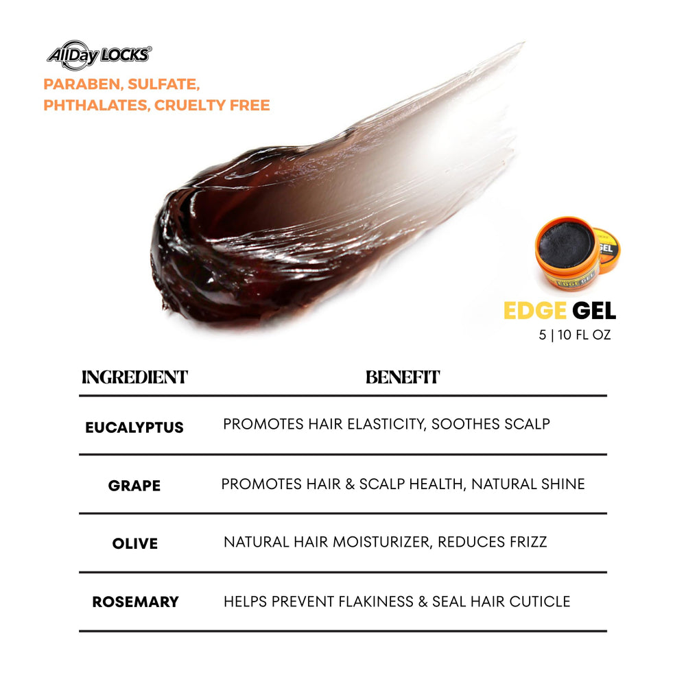 AllDay Locks Edge Gel user-apply-scene shows brush smoothing edges for defined baby hairs.