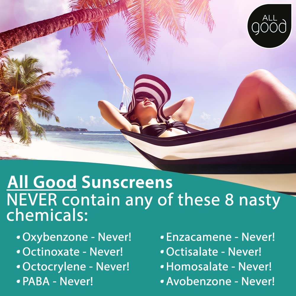All Good Sport Sunscreen Spray beach-scene highlights outdoor sun protection during sunny days.