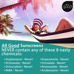 All Good Sport Sunscreen Spray beach-scene highlights outdoor sun protection during sunny days.