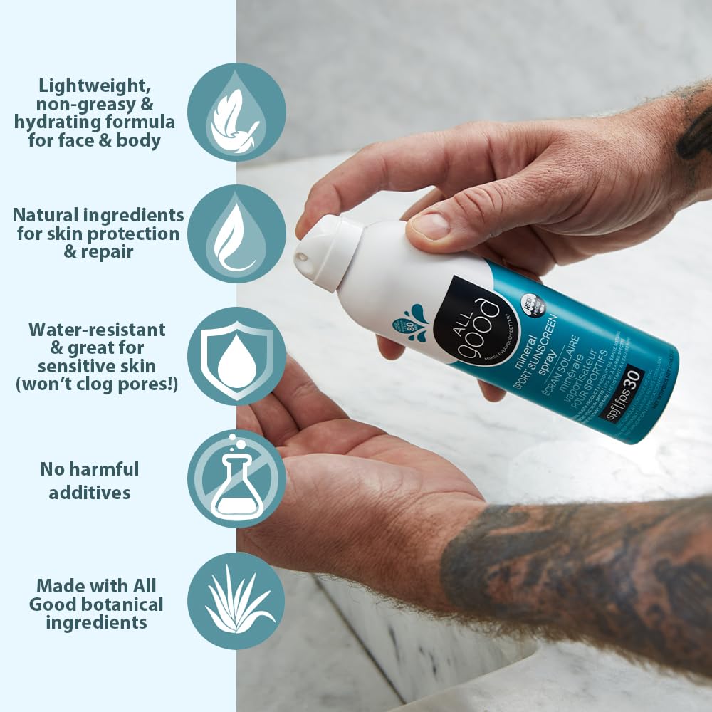 All Good Sport Sunscreen Spray clear-skin application emphasizes invisible protection on skin.