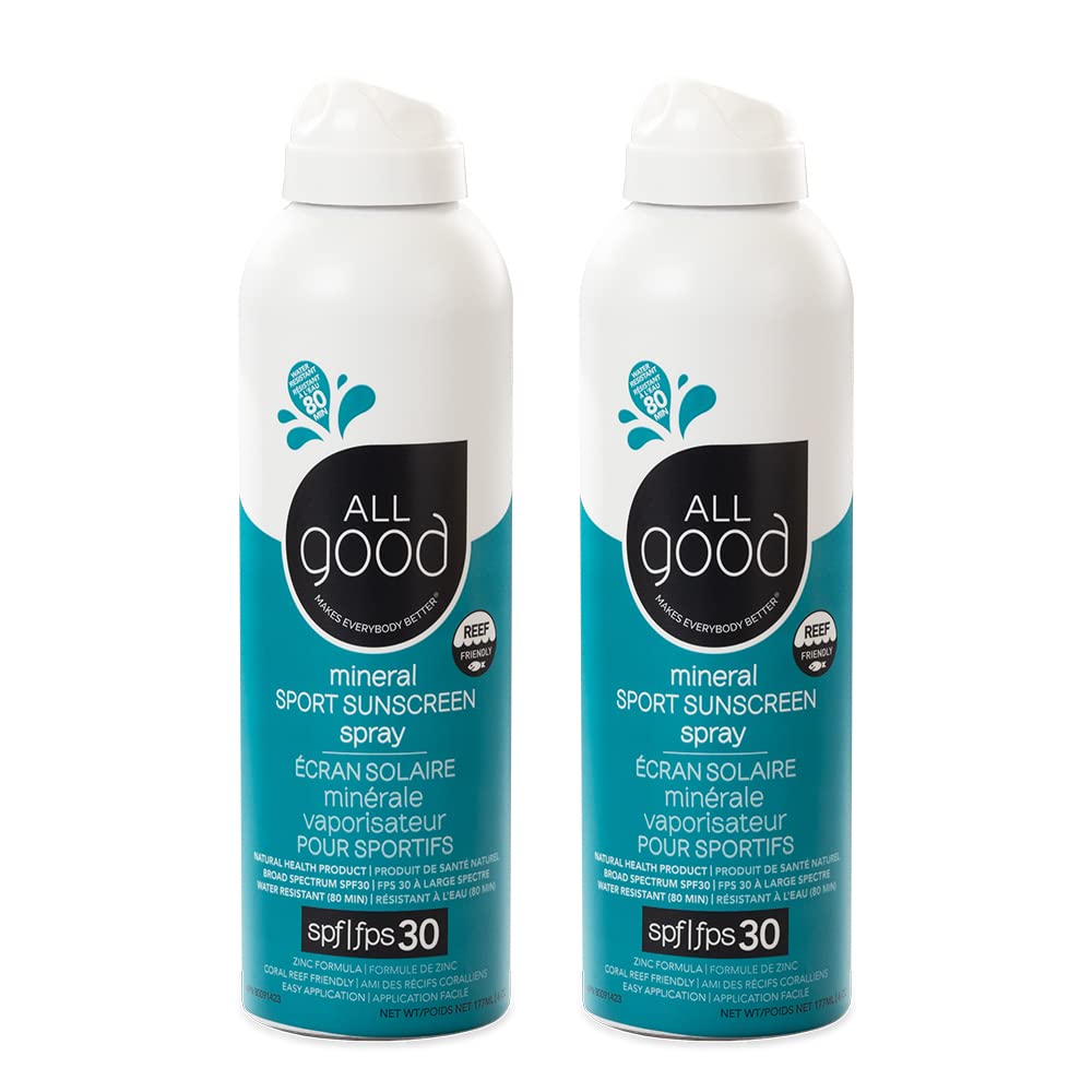 All Good Sport Sunscreen Spray top-lock close-up shows secure cap for travel use.