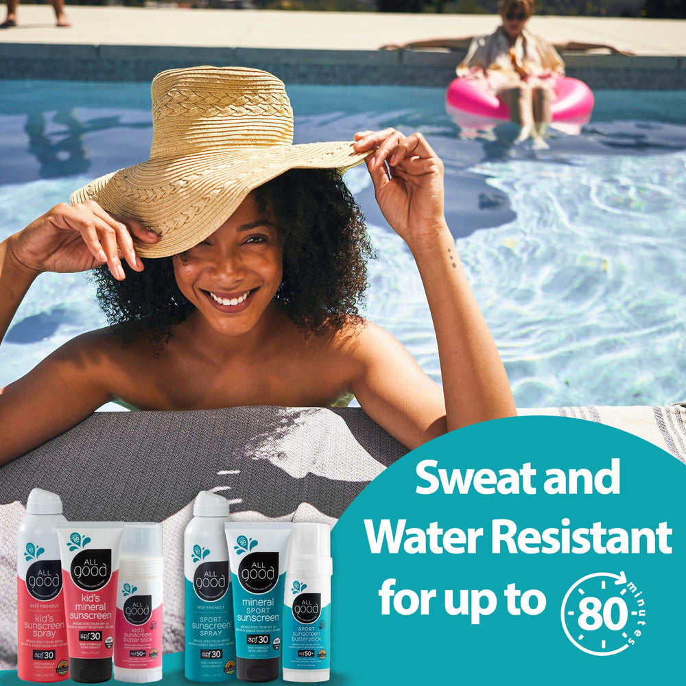 All Good Sunscreen Sport Mineral Lotion reef-friendly ingredients logo emphasizing eco-conscious care