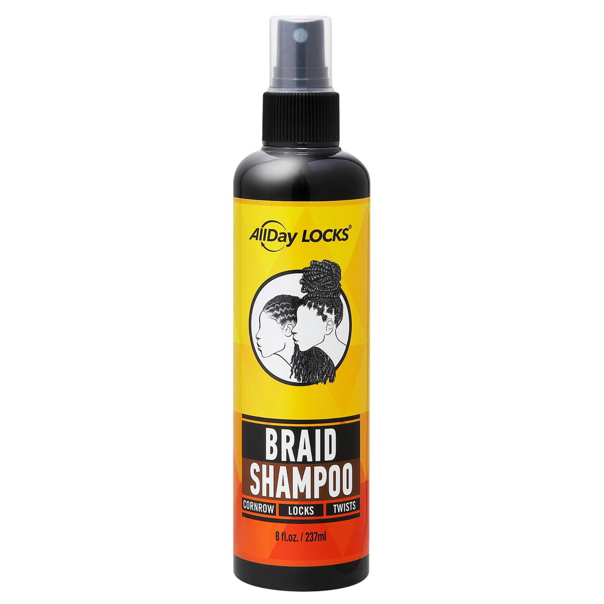 AllDay Locks Braid Shampoo bottle demonstrates rinse-free cleansing for on-the-go refresh.