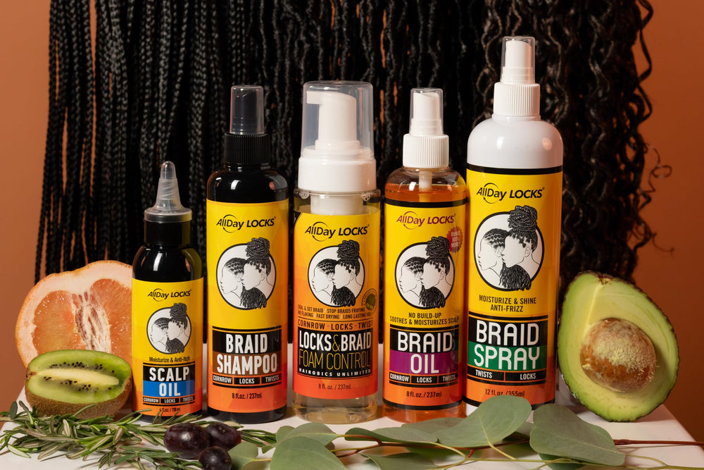 AllDay Locks Braid Shampoo refreshing scene highlights no-rinse care for braids, twists, and locks.