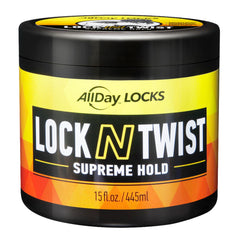 AllDay Locks front jar view showing product branding and strong hold benefits