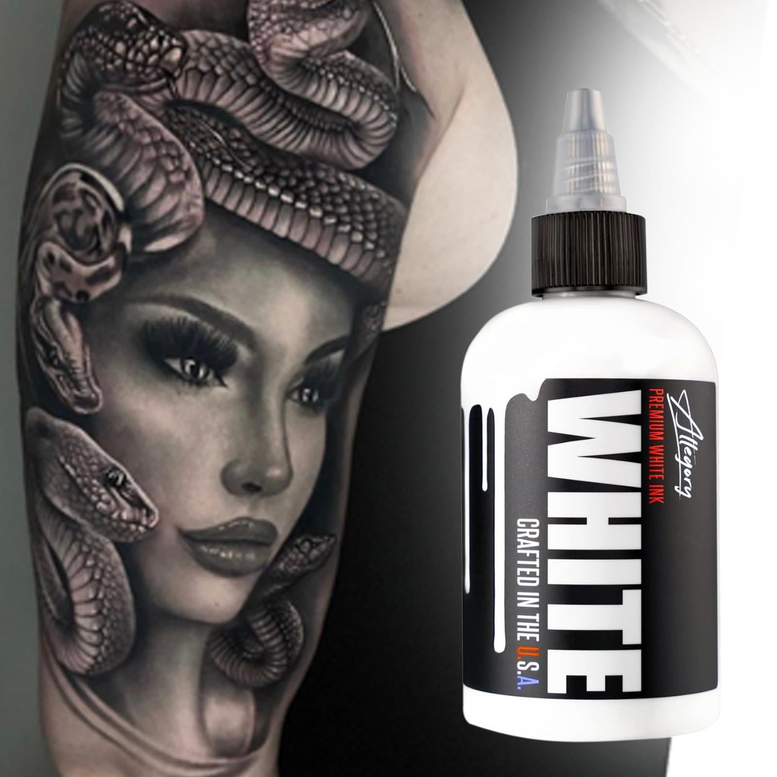Allegory Tattoo Ink White pour shows smooth flow for precise highlights
