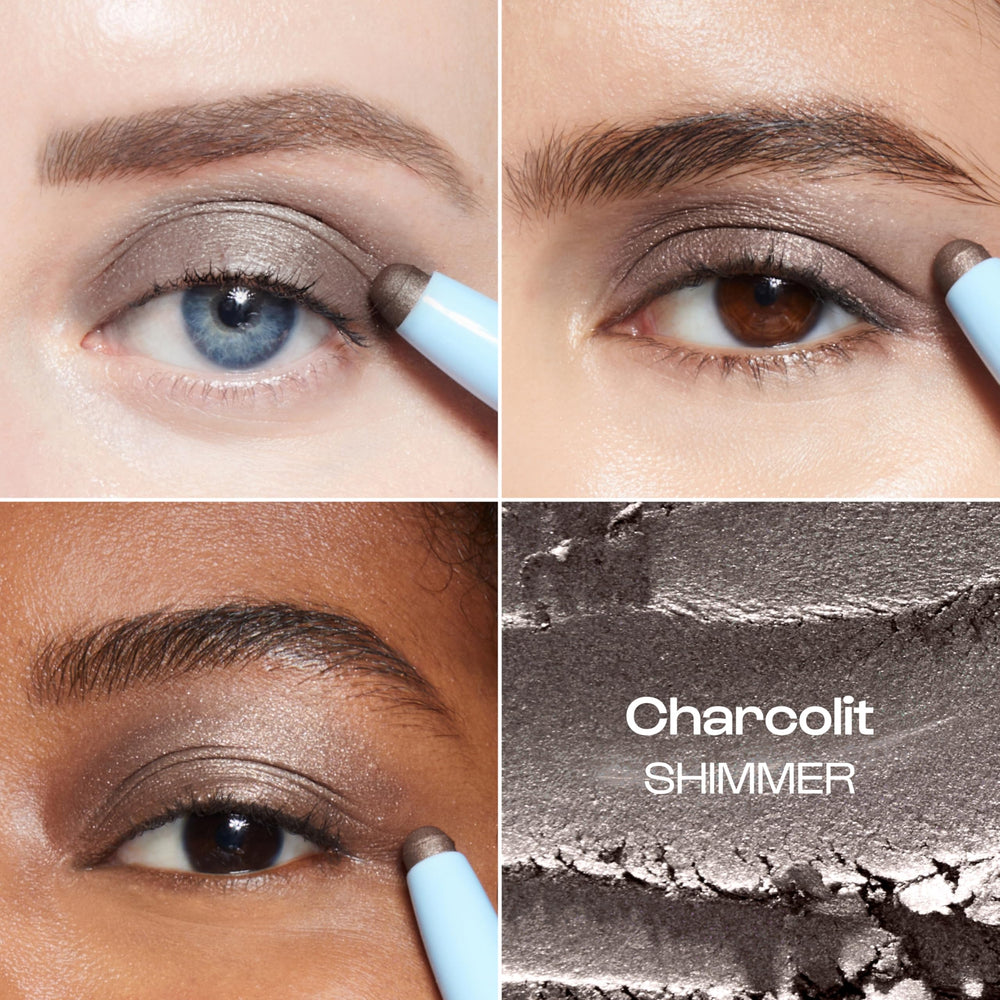 ALLEYOOP 11th Hour Charcolit shimmer swatch on eyelid for crease-proof wear