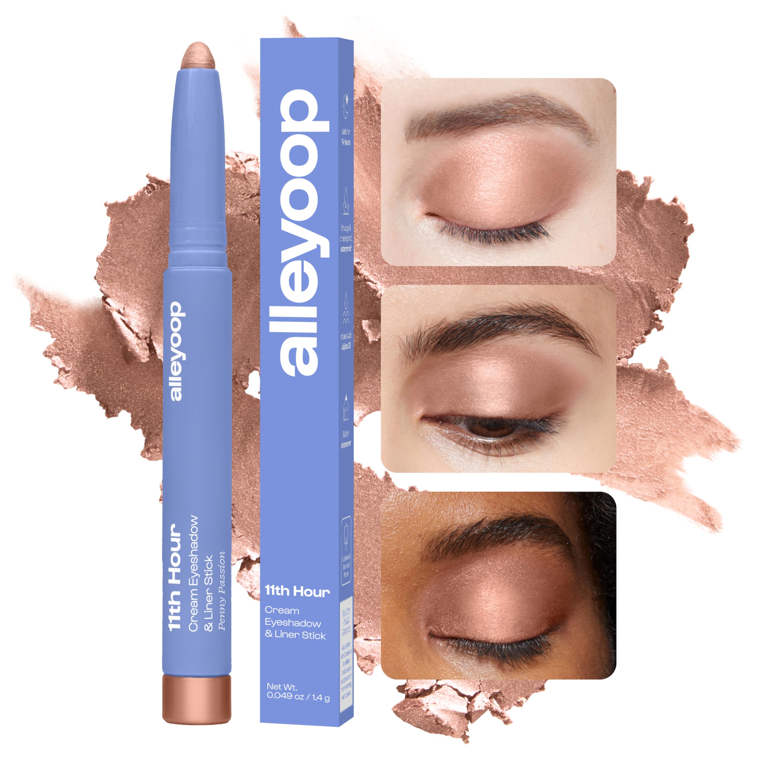 ALLEYOOP 11th Hour waterproof eyeshadow pencil close-up demonstrates smudge-proof formula