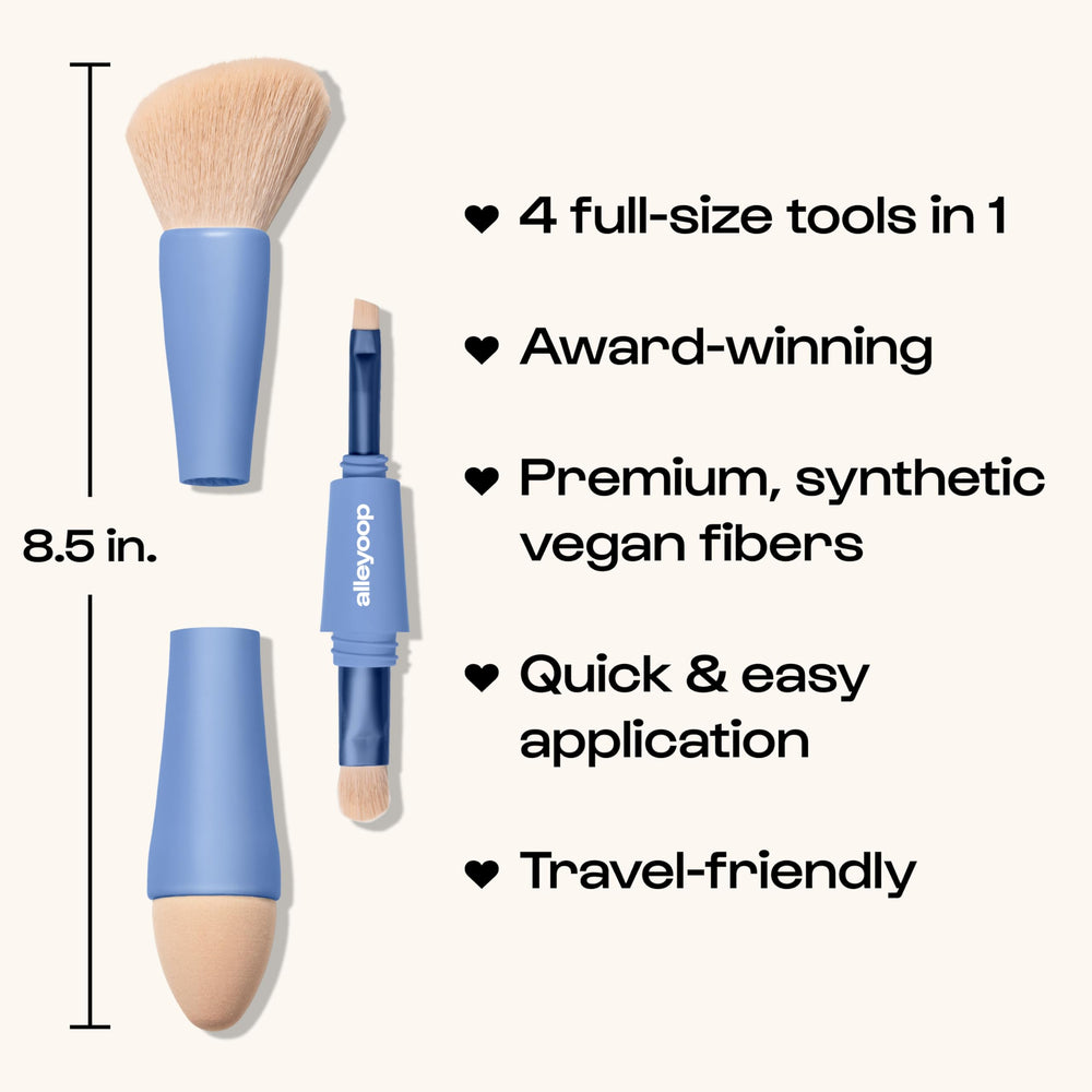 ALLEYOOP Multi-Tasker foundation brush in use demonstrates smooth liquid makeup application on the go.