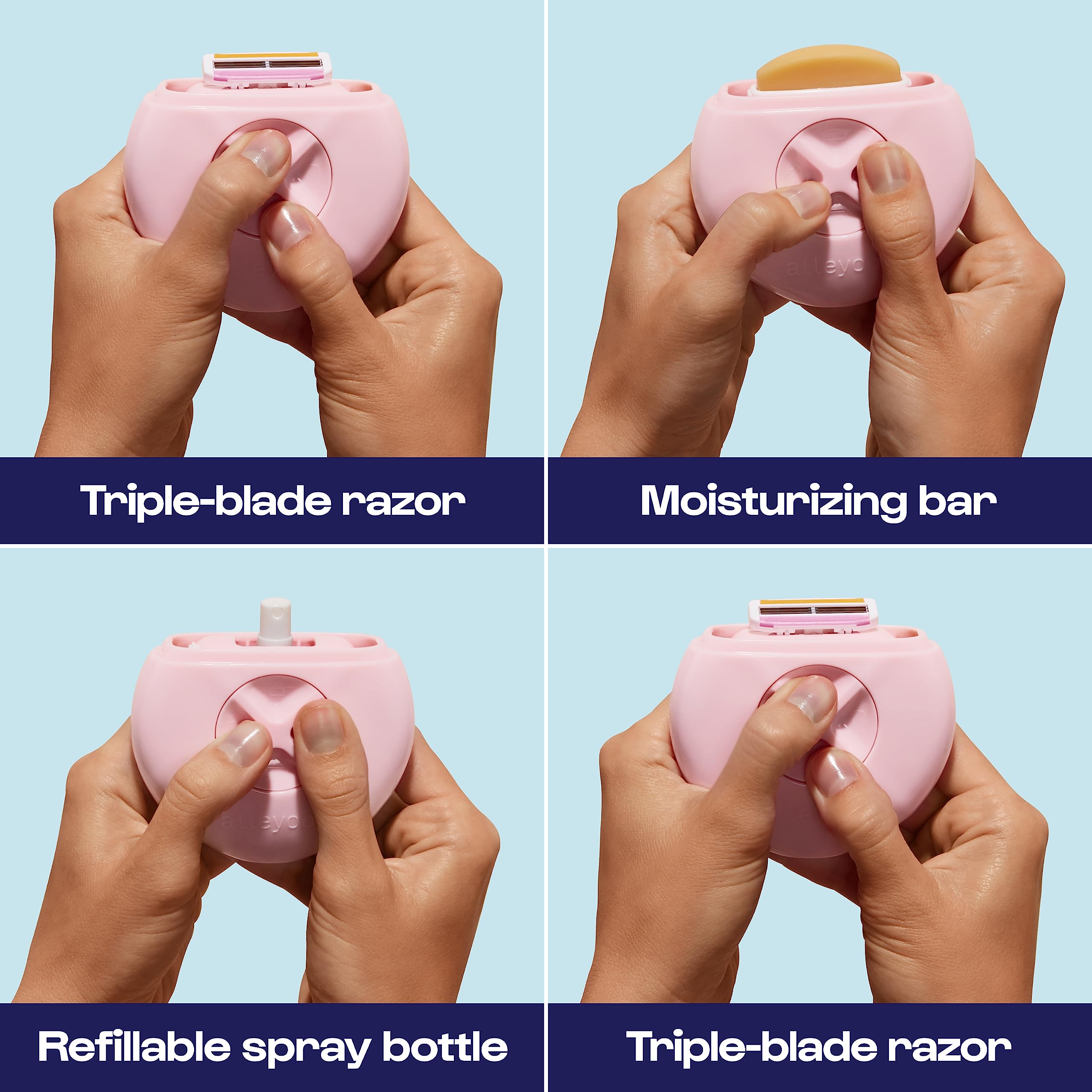 ALLEYOOP triple-blade cartridges ready for a close, smooth shave wherever you travel.