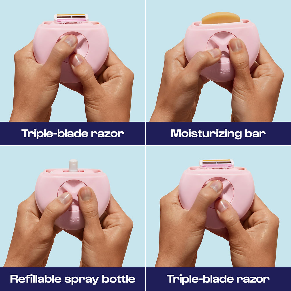 ALLEYOOP triple-blade cartridges ready for a close, smooth shave wherever you travel.