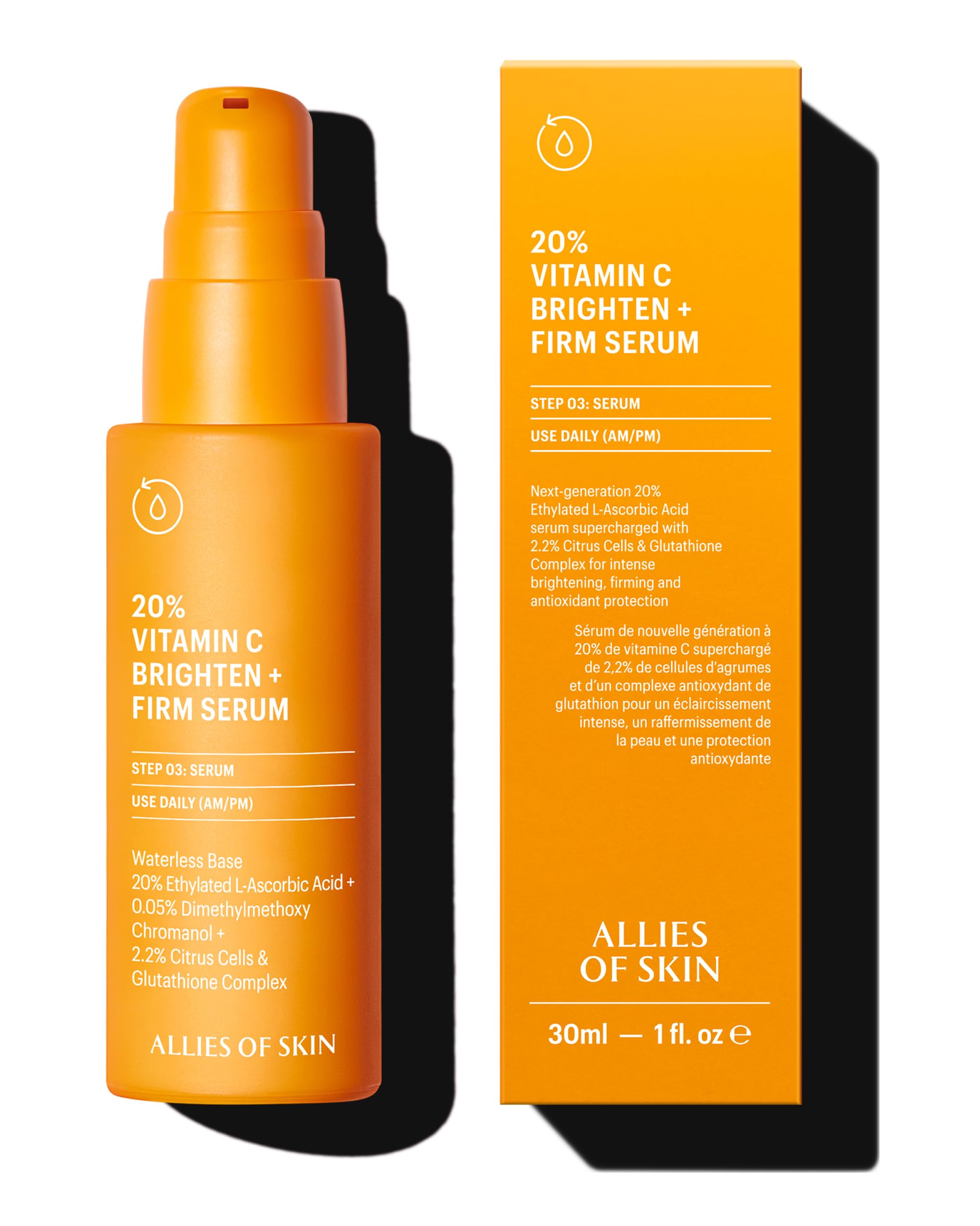 Allies of Skin 20% Vitamin C serum bottle highlights stable ethylated vitamin C for daily brightening.