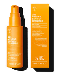 Allies of Skin 20% Vitamin C serum bottle highlights stable ethylated vitamin C for daily brightening.