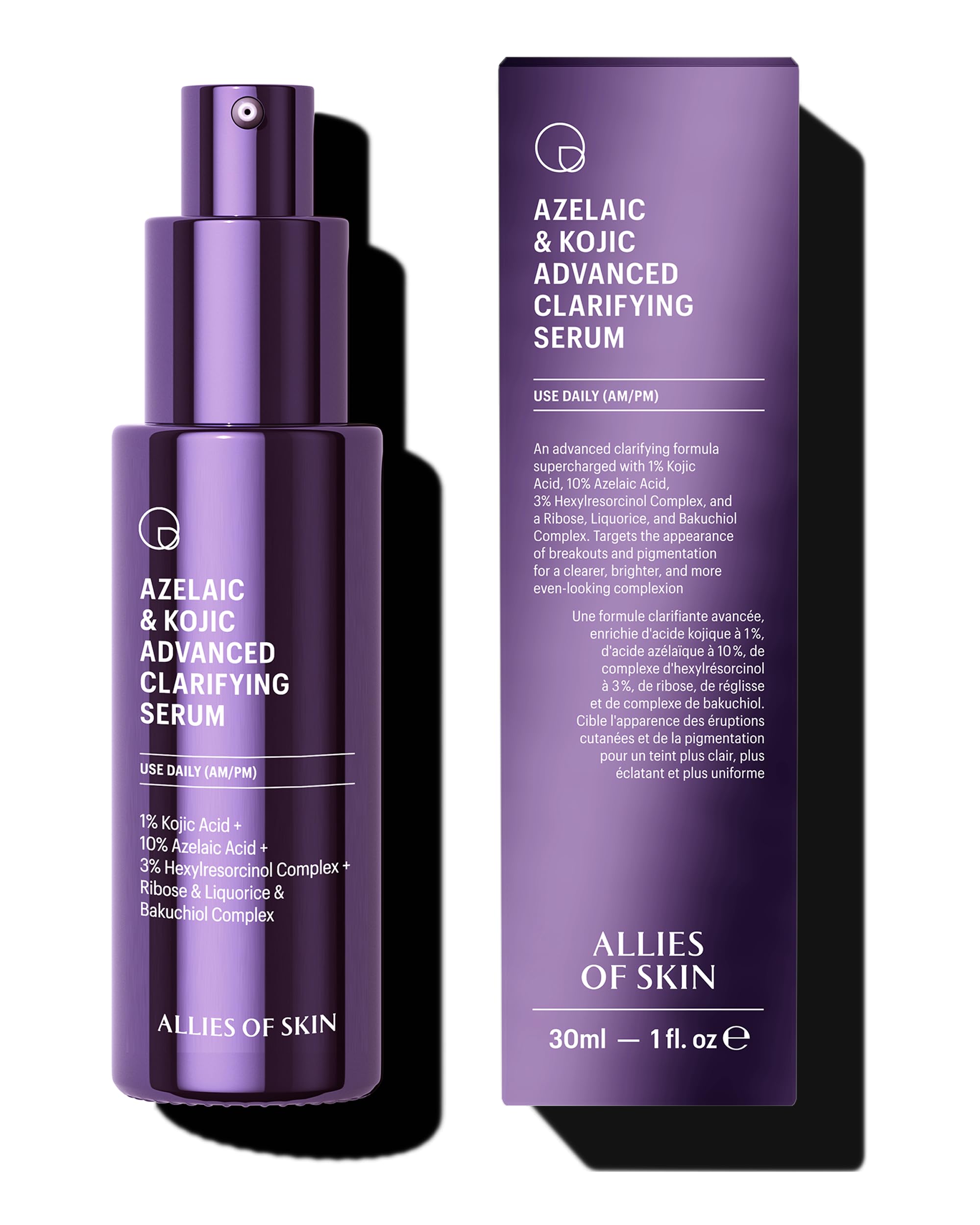 Allies of Skin azelaic-kojic clarifying serum bottle for smoother skin
