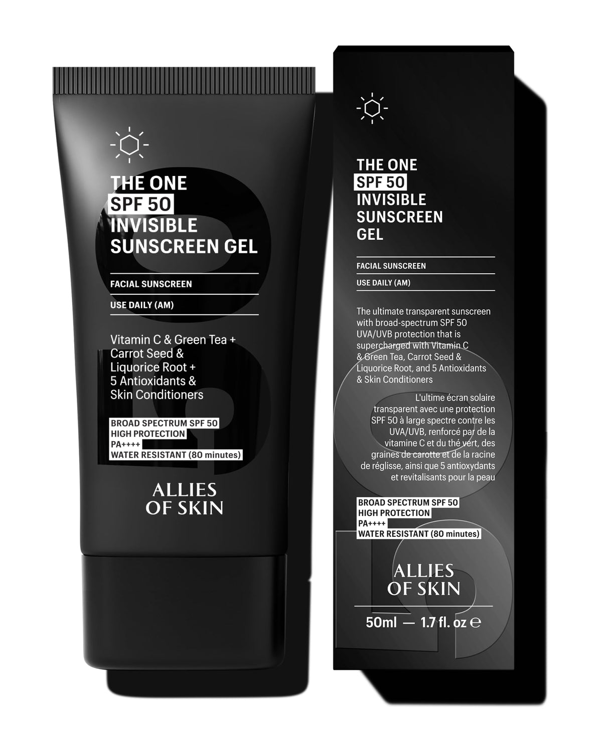 Allies of Skin sunscreen bottle closeup showing lightweight protection