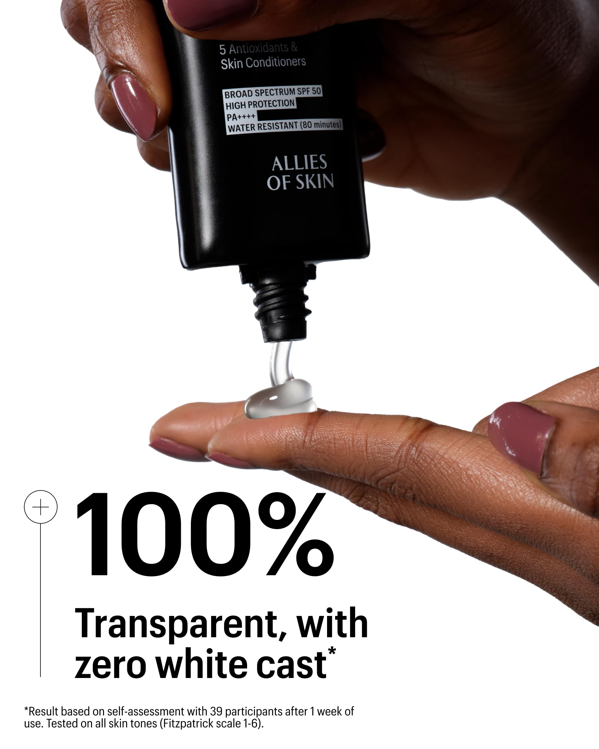Allies of Skin SPF50 gel texture on skin for clear makeup