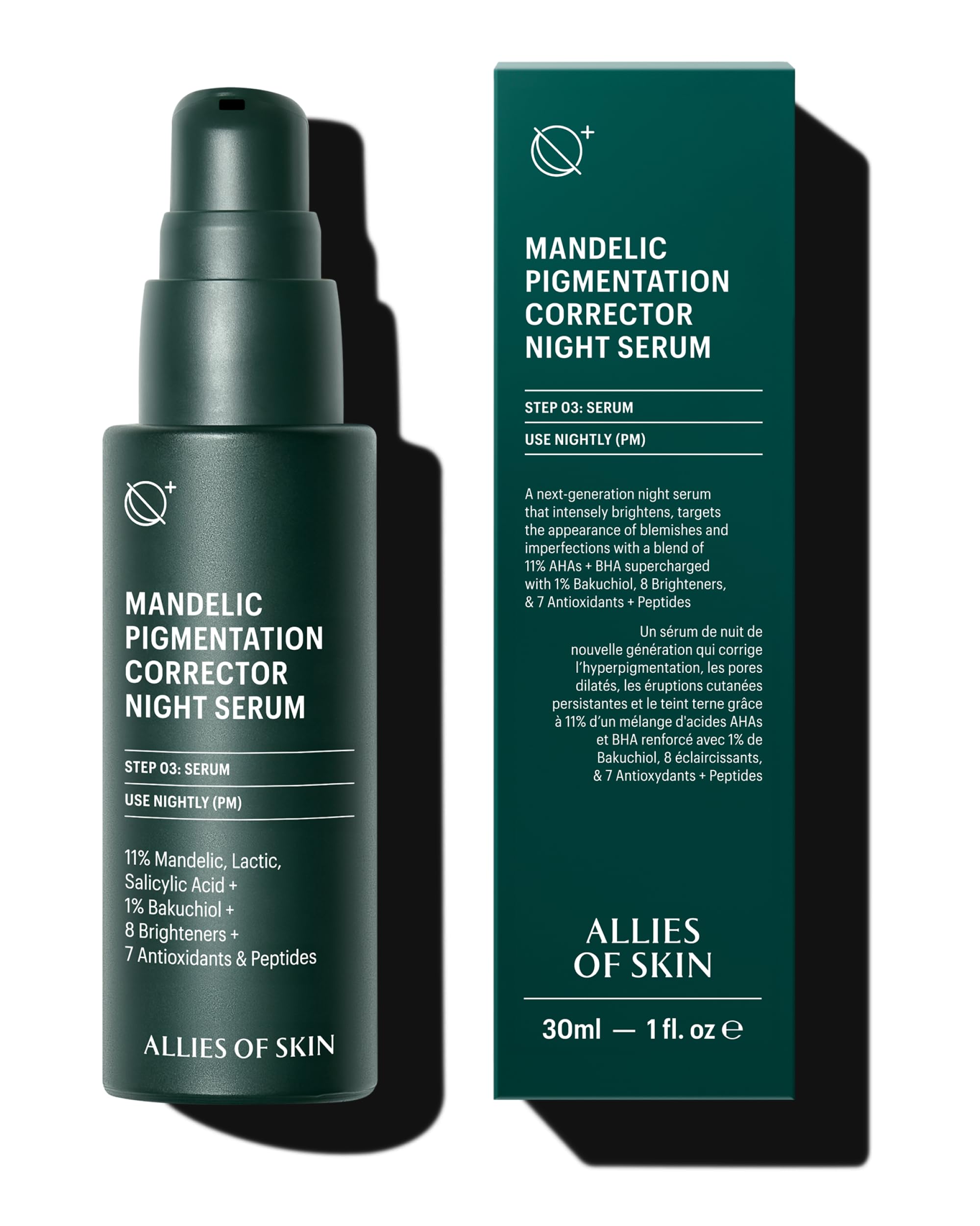 Allies of Skin Mandelic Pigmentation Corrector Night Serum bottle on vanity for nightly use.