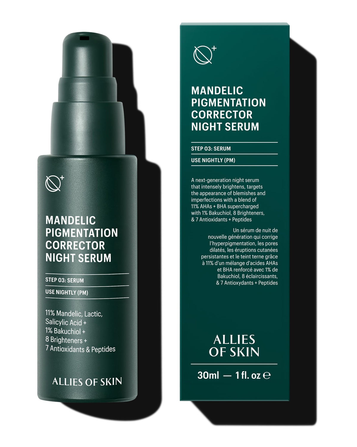 Allies of Skin Mandelic Pigmentation Corrector Night Serum bottle on vanity for nightly use.