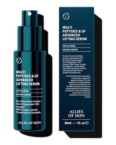 Allies of Skin multi peptides growth factor serum bottle highlights peptide power for firmer skin.
