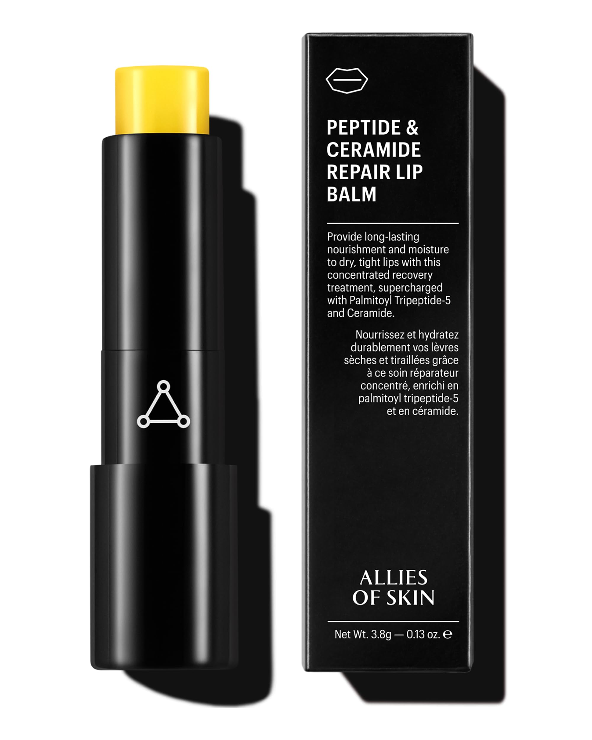 Allies of Skin peptide-ceramide repair lip balm tube closeup showing nourishing, hydrating formula.