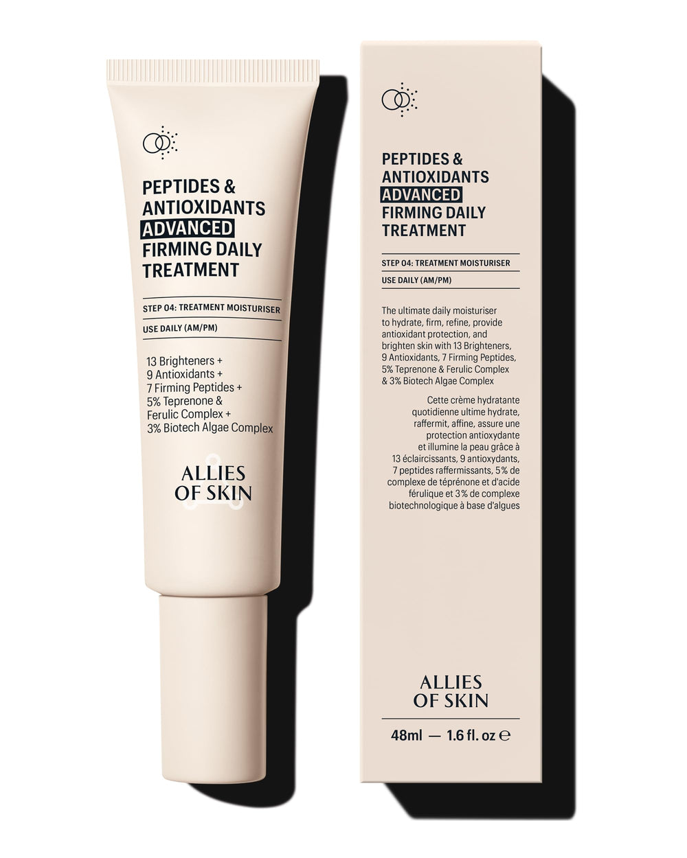 Allies of Skin bottle for firming daily treatment suggesting smoother skin