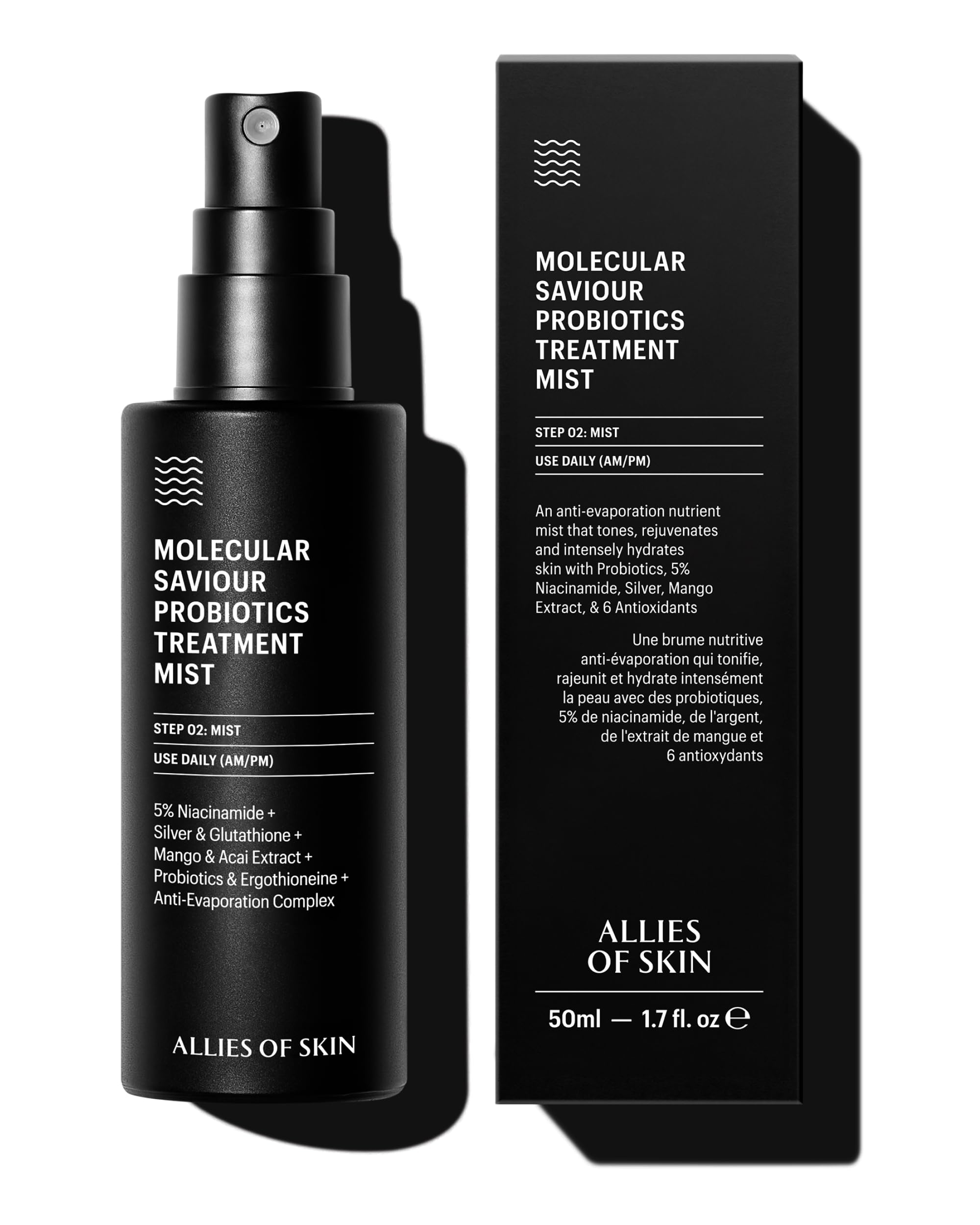 Allies of Skin Probiotic Face Mist bottle for on-the-go hydration and glow
