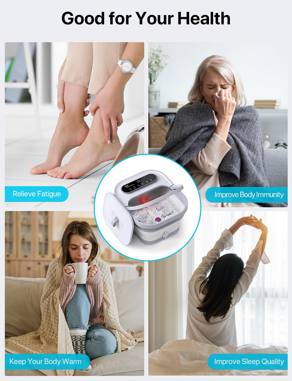 ALLJOY foot spa front handle and drain simplify setup and emptying.